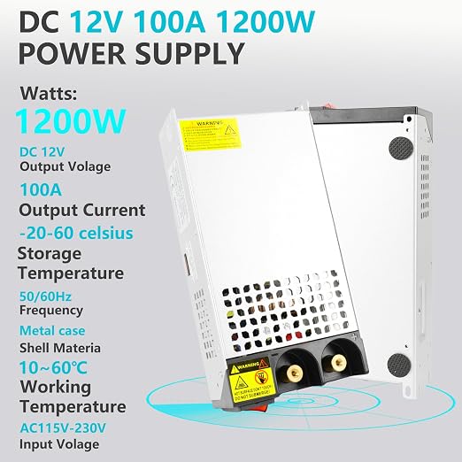 DC 12V 100A 1200W Power Supply, 110V AC to 12V DC Converter Transformer Adapter 100amp 1200W Switching Power Supply for LED Strip Light CCTV Camera Security System Radio 3D Printer