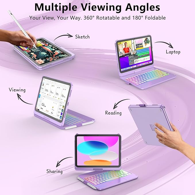 For iPad 11th Generation/10th Generation Case with Keyboard,Touch Keyboard for iPads A16 /10th Gen 10.9 inch 2022 - 10 Color Backlight, 360° Rotatable Protective Case for iPad A16 with Pencil Holder
