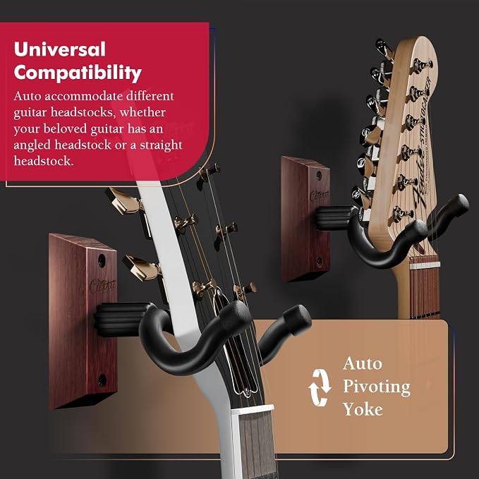 Guitar Wall Mount - Carbonized Red Guitar Wall Hanger, Guitar Picks, Pick Holder, Guitar Accessories, U-Shape Hardwood Guitar Hanger, Gifts for Guitarists, with 6 Assorted Guitar Picks