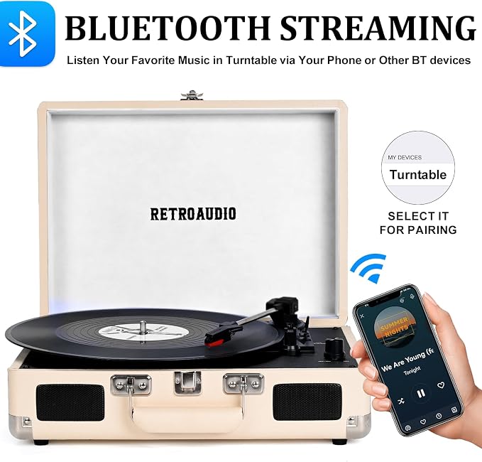 Vinyl Record Player Bluetooth Vintage Portable Suitcase Turntable with Built-in Speakers 3-Speed Belt-Driven Record Player Support RCA Output and Headphone Output (Warm White)