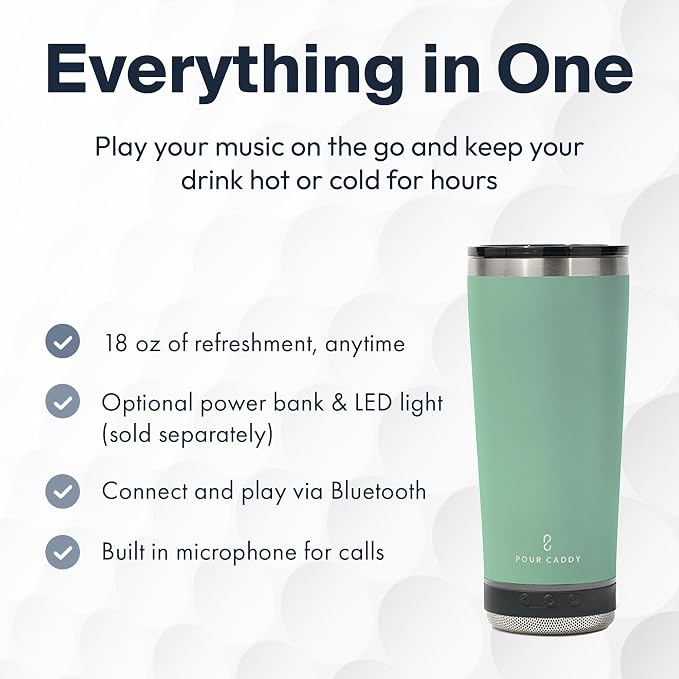 Vibe 18 oz Tumbler with Bluetooth Speaker, Insulated Stainless Steel Travel Cup with Lid, Hot & Cold Drink Beverage Container, Removable Speaker with Microphone, Rubber Base, Seafoam