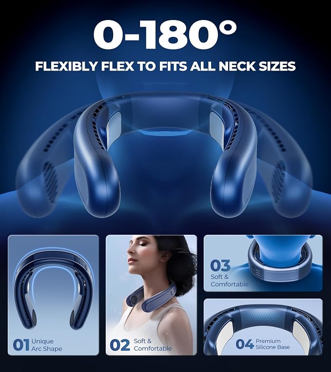 Neck Fan, 1s Fast Cooling Neck Cooler with Dual Ceramic Plates, 8H Long Runtime, 180° Adjustable Lightweight Bladeless Portable Personal Fan, Quiet Cooling for Outdoor Travel Camping Gym
