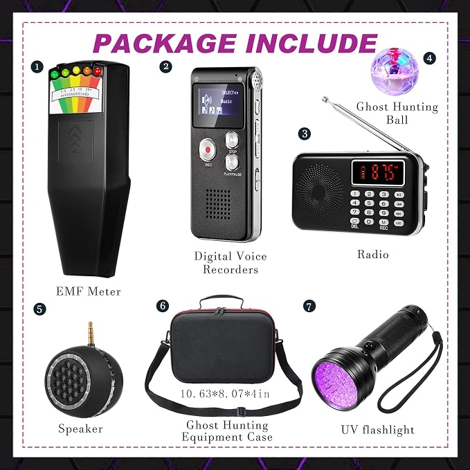 Dunzy 8 Pcs Ghost Hunting Equipment Kit, Include 1 Emf Meter 1 EVP Voice Recorders 1 Spirit Ghost Hunting Research Case 1 Flashlight 1 Speaker 2 Motion Light up Cat Balls 1 Radio(Emf Meter 1, Radio 1)