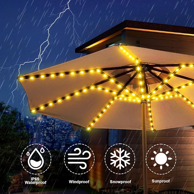 Solar Umbrella Lights, 8 Strands Patio Umbrella Lights Outdoor with 8 Modes 3V Solar Panel Clip 112 Led Outdoor Waterproof for Beach Deck Garden Camping Tents Party Decoration(Warm White)