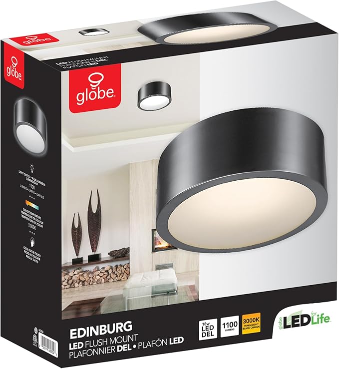 Globe Electric 60304 Edinburg LED Integrated Flush Mount Ceiling Light, Black Iron Finish, Frosted Glass Shade, 18W, 3000 Kelvin, 1100 Lumens, Dimmable 60304