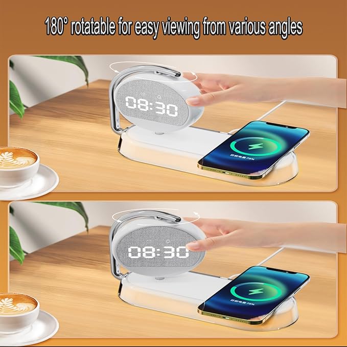 3-in-1 Wireless Charger with Digital Clock Display, 15W Fast Charging Station for Phone and Earbuds, Multi-Protection Charging Stand with 3-Level Night Light and Alarm Function, W001 White.