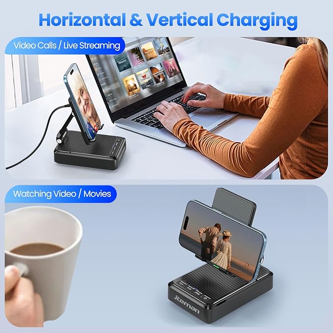 Jteman Cell Phone Stand with Bluetooth Speaker and Wireless Charger, Desktop Charging Station Stand Speaker for iPhone, Christmas Birthday Gift for Men Women (Black)
