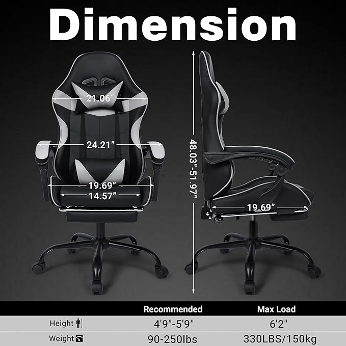 Gaming Chair, Ergonomic Computer Chair with Footrest and Lumbar Support, Height Adjustable Office Chair with 360° Swivel Seat and Headrest (Black & Grey)