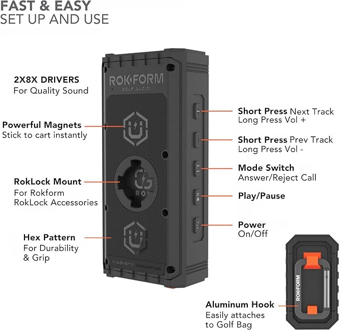Rokform G-ROK Wireless Golf Speaker, Portable Magnetic, IPX7 Waterproof, Shockproof & Dustproof, Loud & Clear Sound, 24 Hour Battery, Rugged Outdoor Golf Cart Speaker (Black) ASIN