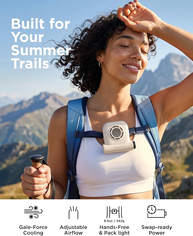 InoKraft Portable Rechargeable Fan for Hiking & Travel, Clip-On Waist Fan with 2 Swappable 4Ah Batteries, Extended Runtime for Long Trips, 49 ft/s Turbo Airflow