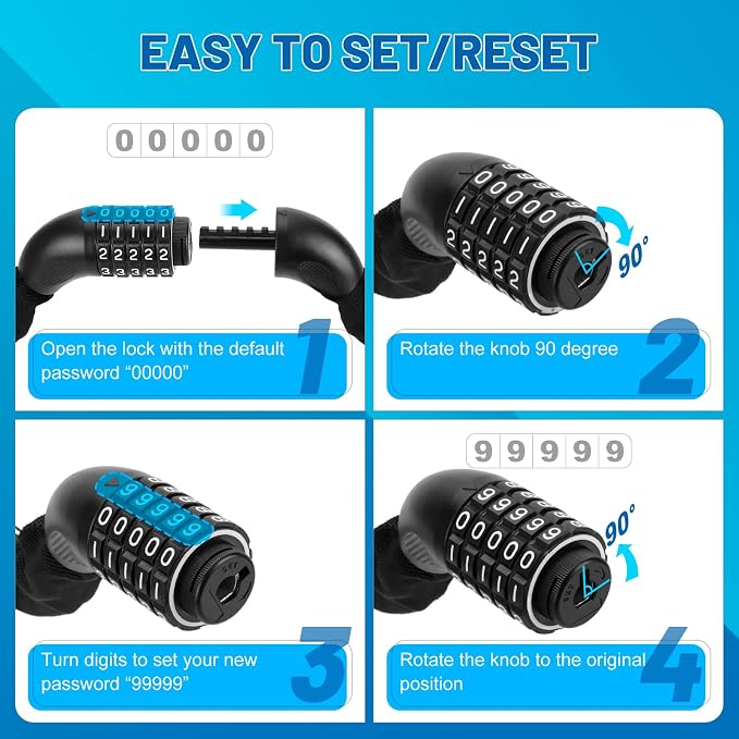 APECYC Bike Lock Heavy Duty Anti Theft, 3/4/5/6FT Bike Chain Lock with 5 Digit Resettable Combination, Bicycle Lock for E Bike, Scooter & Motorcycle, Cut Resistant Security Chain with Protective Cover