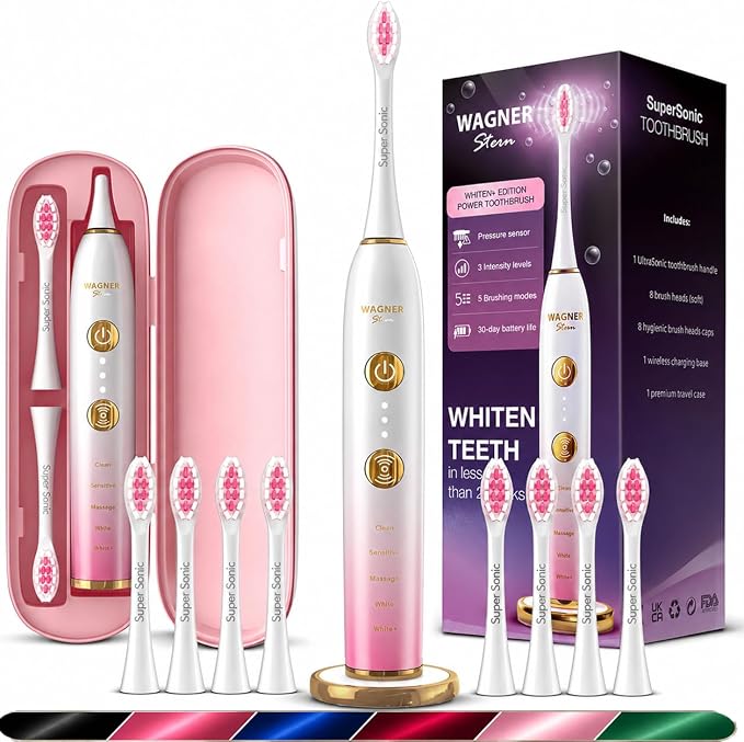 Wagner Stern WHITEN+ Electric Toothbrush, 48,000 VPM, Pressure Sensor, 5 Modes, 8 Brush Heads, Travel Case
