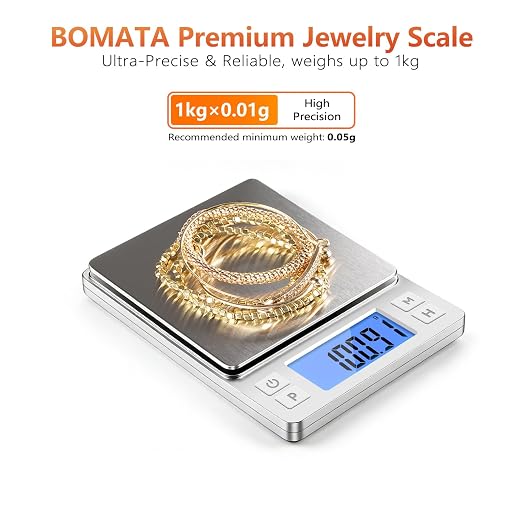 BOMATA 0.01g High Precision Jewelry Scale, 1000g Digital Gram Scale with Hold, Tare & Counting Function, Small & Portable Design for Gold, Bullion, Coins, Gemstones & Crafts, Sliver