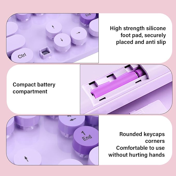 Wireless Keyboard and Mouse Combo, 2.4GHz Plug and Play with Retro Typewriter Style Round Keycaps, 104 Keys with Numeric Pad, for PC Laptop Desktop (Purple)
