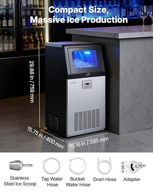VEVOR Commercial Ice Maker Machine, 120 lbs/24h with 30 lbs Storage Capacity, Built-in/Freestanding/Under Counter, Stainless Steel Ice Maker with LED Display & Self-Cleaning, for Home Bar Restaurant