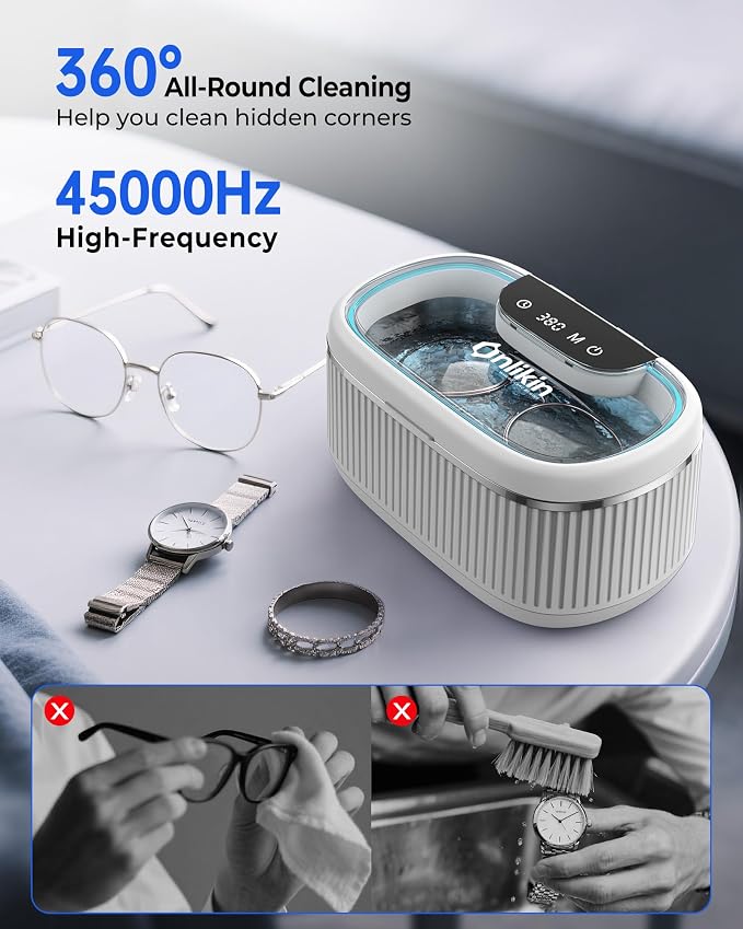 45KHz Ultrasonic Jewelry Cleaner, 5 Timer & 3 Power Modes, 35W Retainer Cleaner for Jewelry, Eyeglasses, Rings, Watch Strap, Dentures - Quiet <38dB, 20oz, 304 Stainless Steel (Ceramic White)