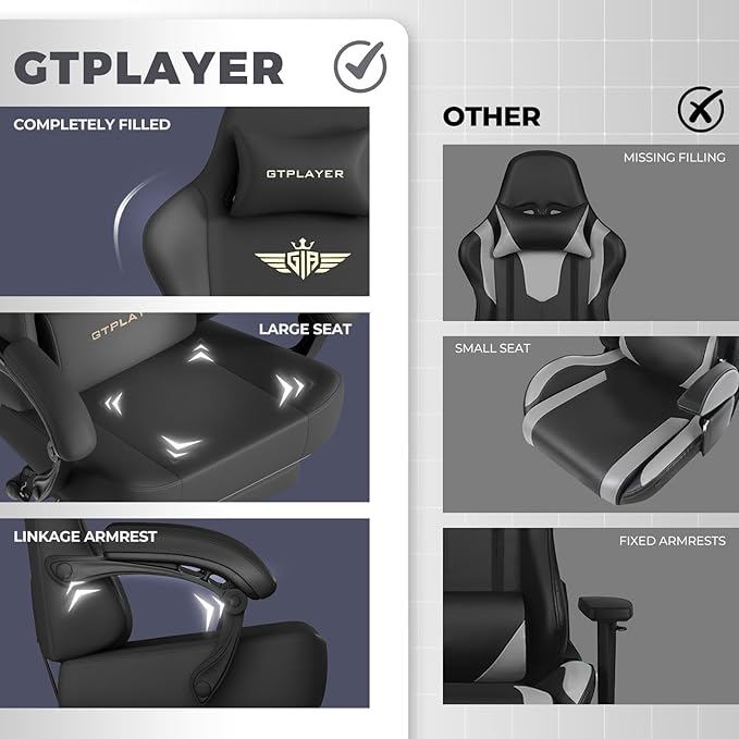 GTPLAYER Gaming Chair with Pocket Spring Cushion, Big and Tall Gamings Chairs 350LBS High Back Computer Chair with Footrest for Adults Lumbar Support Swivel Game Chair for Office, Leather Black