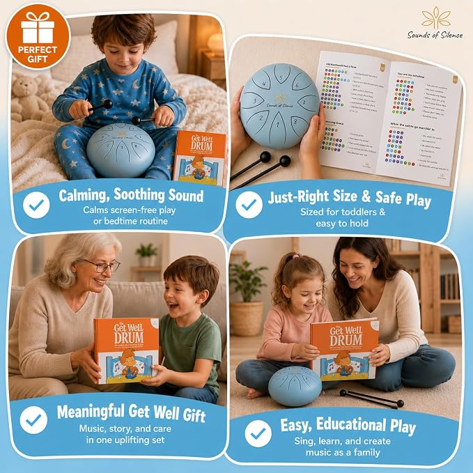 Get Well Gift for Kids | Calming Steel Tongue Drum with Songbook and Storybook | Screen-Free, Soothing, Healing Musical Activity for Children in Recovery | 6 inch 8 Notes