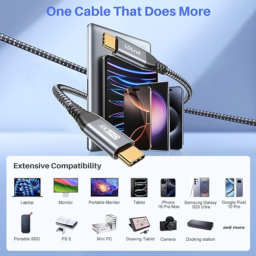 LDLrui USB C Cable [6FT, 3Pack] 4K@60HZ UHD Display, 20Gbps Data Transfer, USB 3.2 Gen 2×2, 100W PD Charging Cable for iPhone 16/15, MacBook, iPad, Galaxy S25/S24, Type C Monitor/Portable Monitor