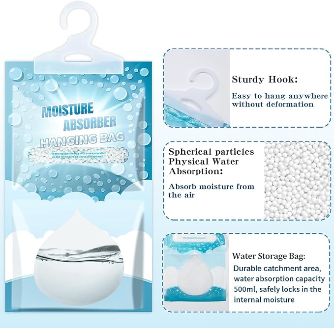 Moisture Absorbers 20 Pack - Fragrance Free Humidity Absorber High-Efficiency Dehumidifier Bags Portable Moisture Hanging Bags for Closet, Bathroom and Kitchen