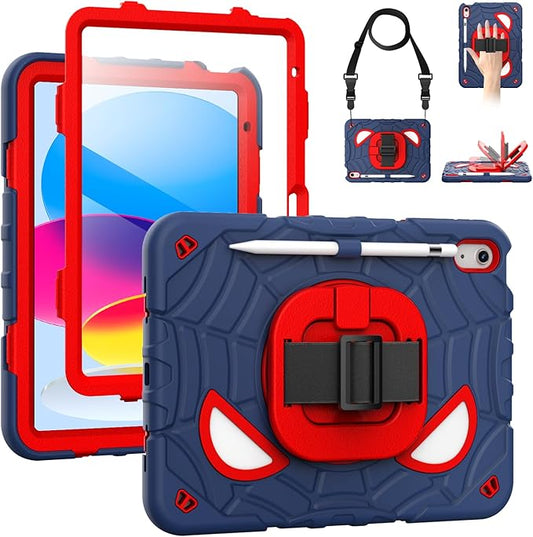 Grifobes Case for iPad A16 11th/10th Generation 2025/2022 11/10.9 inch, Full Body Protection with Screen Protector/Pencil Holder/Stand,Hand/Shoulder Strap for i Pad 11/10.9 Cover NavyBlue+Red