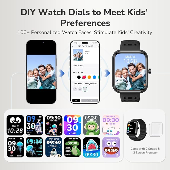 Smart Watch Kids Fitness Tracker, Kids Smart Watch with Health Monitor, Activities Track & Water/Rest/Task Reminder, IP68 Waterproof Smartwatch with Puzzle Games, Boys Gift for Birthday-Black(2 Bands)