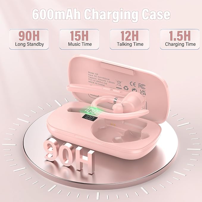 2026 Bluetooth Headset, Wireless Bluetooth 5.3 Earpiece, 90Hrs Single-Ear Headset with APTX HD Audio & Mute Button, Dual Noise Cancelling Mics, Hands Free Headphone for Trucker, Business, Gym, Pink