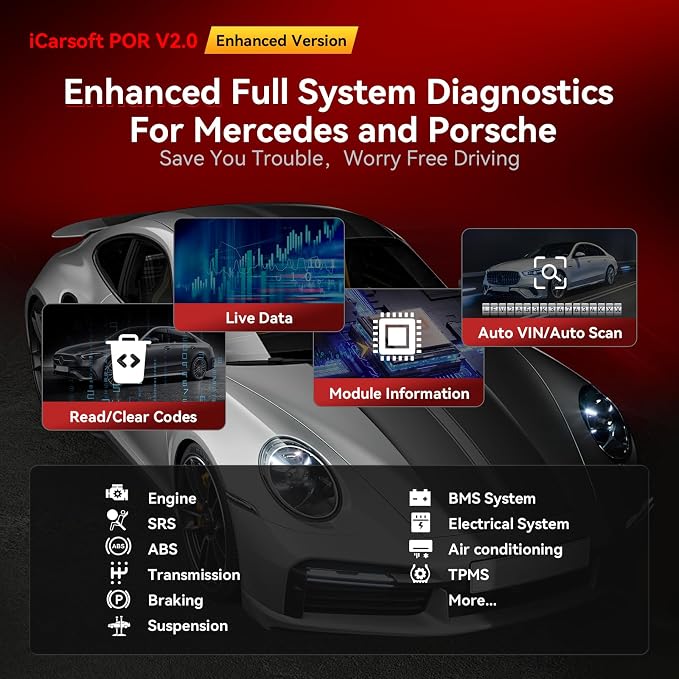 iCarsoft OBD2 Scanner for Porsche/BMW/Mini, POR V2.0 Enhanced Version 2-IN-1 In-depth Diagnostic Tool 9 Reset, Full Systems Car Code Reader OIL/TPMS/BMS/EPB/BLD/SAS/DP- F/ETC/INJ/Auto VIN Battery Test