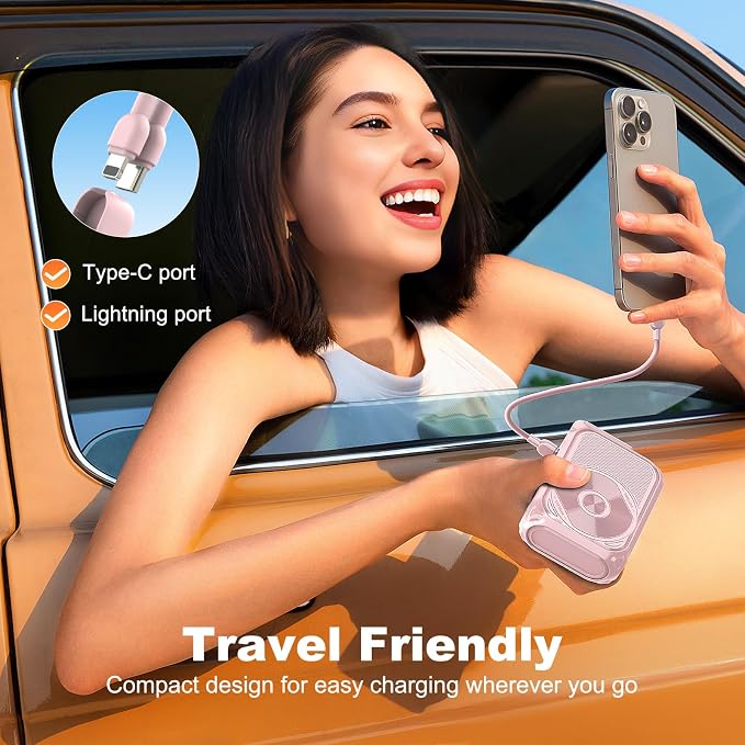 P05 Portable Charger, Magnetic Power Bank, Small Wireless PowerBank,Emergency Battery Pack 10000mAh Travel Essentials Fast Charging with Built in Cable, Wall Plug for iPhone,Samsung,Andriod (Pink)