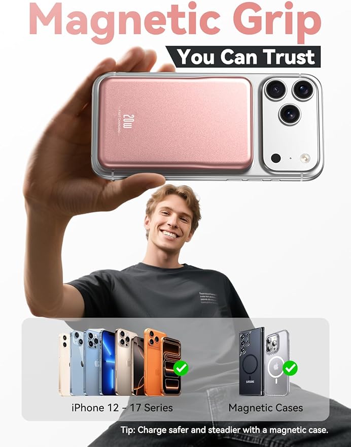 Aobbow Magnetic Portable Charger, 10000mAh for Magsafe Battery Pack, 20W Fast Charging Power Bank, Travel Essential of Wireless Charger Compatible with iPhone 17/16/15/14/13 Pro/Max/Air/Plus-Rosegold