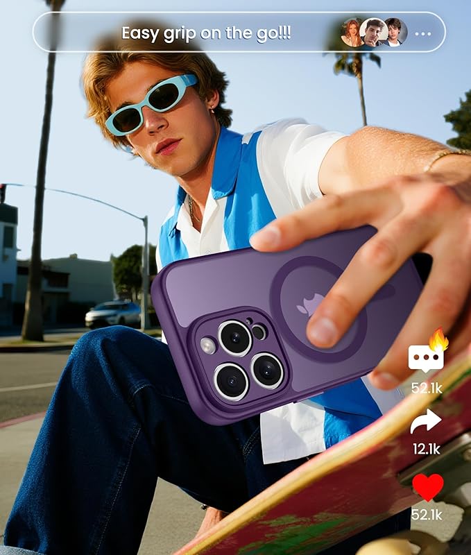 FNTCASE for iPhone 16 Pro Case: [Compatible with Magsafe] Translucent Matte Cases with [Full Camera Protection] [Screen Protector] Military Grade Shockproof Protective Phone Cover - Purple