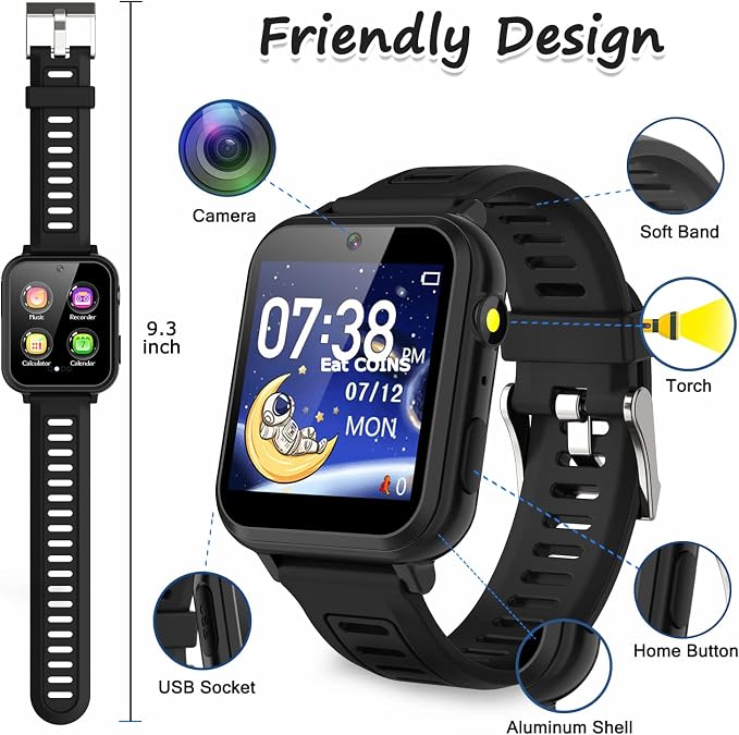 Kids Smart Watch Boys, Kids Smart Game Watch with 39 Games HD Touch Screen Video Camera Music Player Pedometer Flashlight Alarm Clock 12/24 hr Kid Watches for Boy Gifts for 5-12 Year Olds Boy Girl