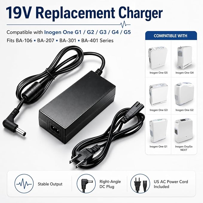 19V Replacement Charger for Inogen One G1-G5 Oxygen Concentrator, Compatible BA-106 BA-207 BA-301 BA-401 Series Power Adapter