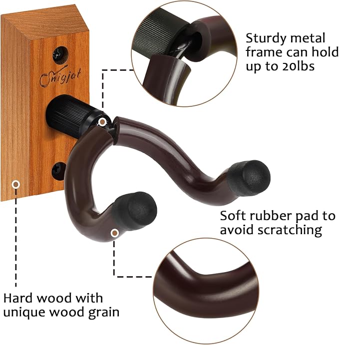 SNIGJAT Guitar Wall Mount, 2 Pack Hardwood Guitar Hanger Wall Hook Holder Stand with Screws for Acoustic Electric Guitar, Bass, Banjo, Mandolin