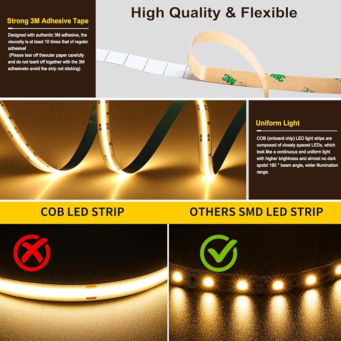 Pandery COB LED Strip Light,CCT Dimmable Strips Light,2700K-6500K,65ft/20m,8mm Wide,CRI90+ 24V LED Strips Kit with Bluetooth APP Control/Music Mode,for Bedroom,Kitchen,DIY Lighting
