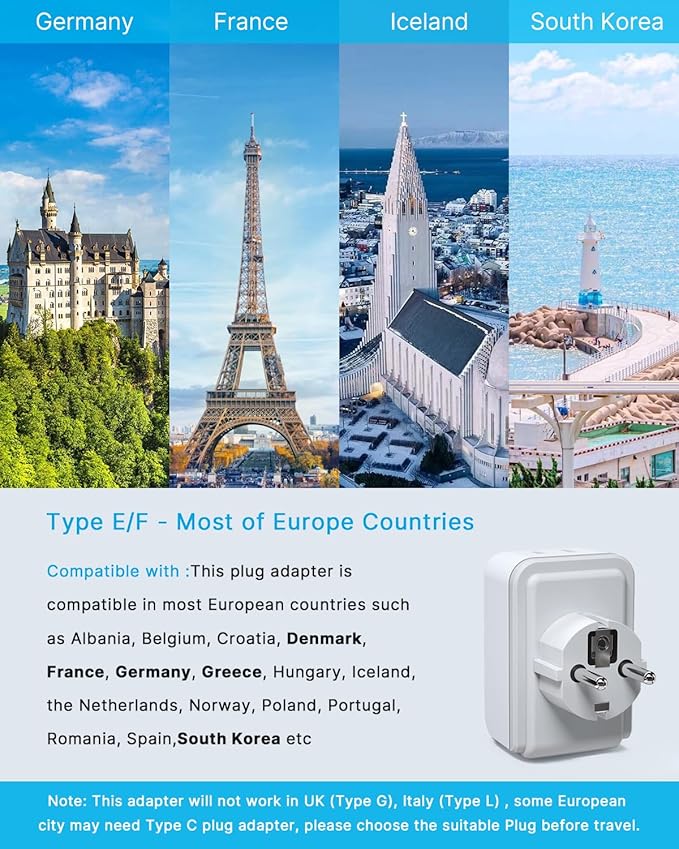 3 Pack Type E F Plug Adapter, VINTAR Schuko Germany France Power Adapter with 2 American Outlets 3 USB Ports(2 USB C), 5 in 1 Type E Travel Adapter for US to EU Spain Iceland Korea German French