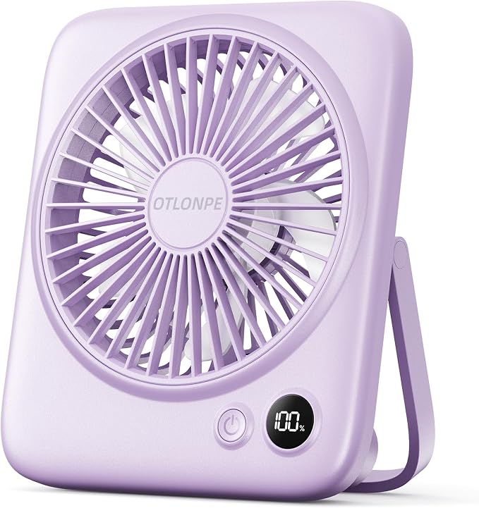 Otlonpe Portable Desk Fan 6.5 Inch, 4000mAh Rechargeable Battery Operated & USB Powered, 23Hrs Cordless Small Personal Fan 4-Speed Quiet for Office Travel Home Sleeping, Led Display, Foldable (Purple)