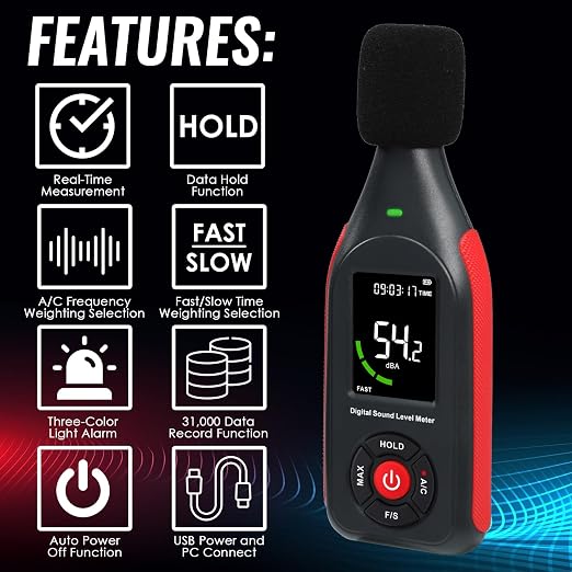 Decibel Meter Data Logger Sound Level Logger Noise Monitor with Data Recording, 31,000 Data, Graph Printing, MAX, Data Hold, 3-Color Light Alarm for Home, Office, Classroom, Industrial Use (30-130dB)