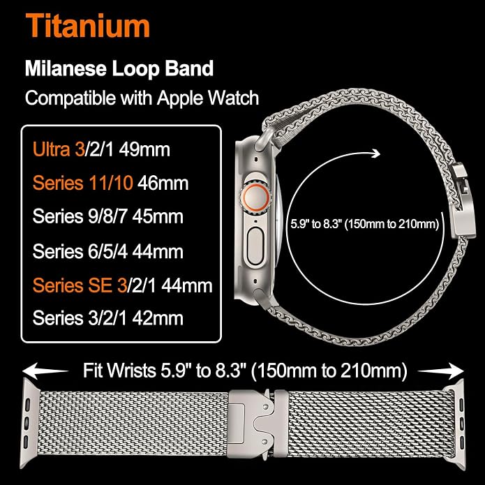 Dhwazz Titanium Milanese Loop Band for Apple Watch Ultra 3 2 1 49mm, Parachute-Buckle Strap for iWatch Series 11 10 9 8 7 6 5 4 46mm 45mm 44mm / SE 3 2 1 Men Women