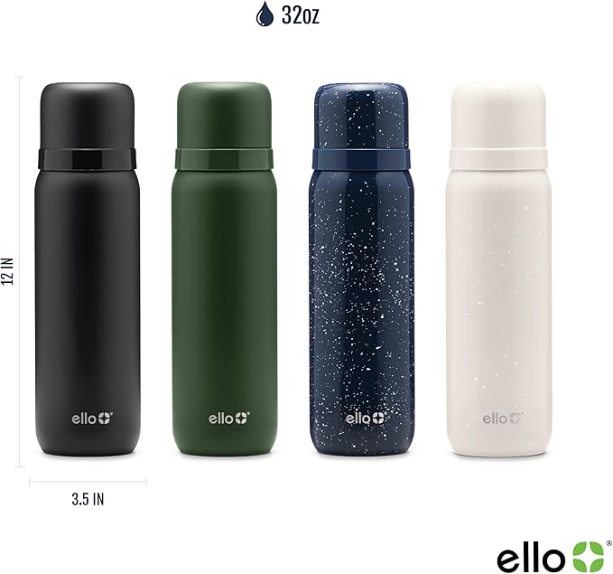 Ello Therma 32oz Insulated Stainless Steel Thermos for Hot & Cold Beverages with Leak Proof Lid & Built-in Cup, Triple Wall Insulation, Hot 24 Hrs, Perfect for Coffee,Tea, Dishwasher Safe, Cream