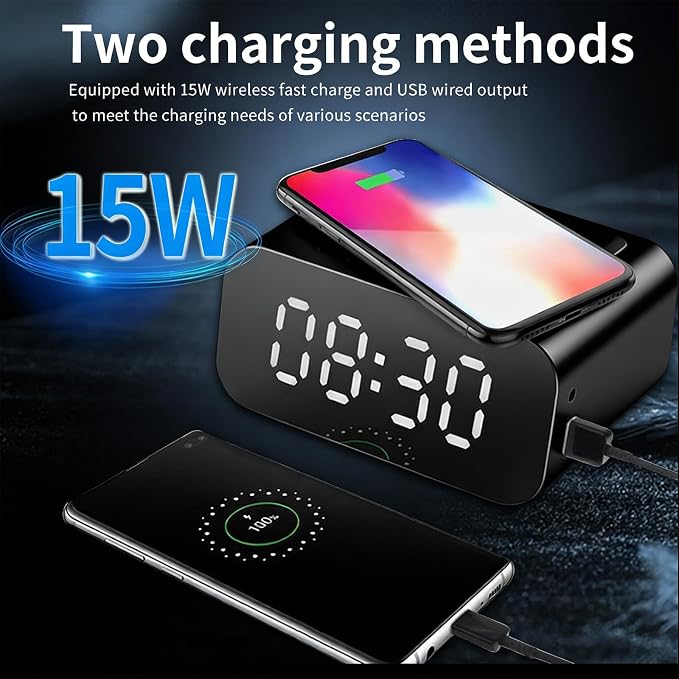 Wireless Charging Clock Radio with 15W Fast Charging, Bluetooth 5.1 Speaker, Dual 5W Stereo Sound, LED Display, AUX-in, and Payment Notification for Home & Office, BT510 White.