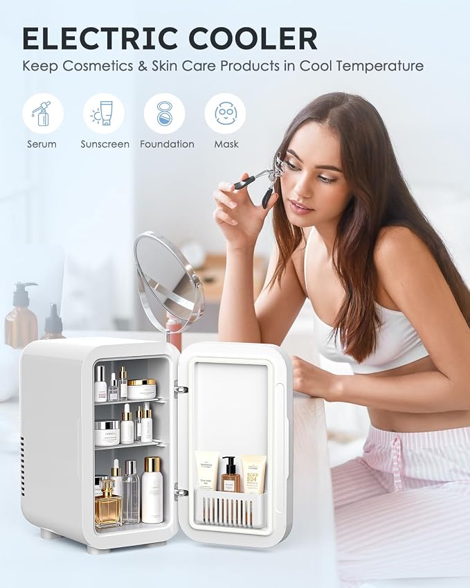 FANSEXPERT Skincare Fridge with Glass Panel, 6L Mini Fridge for Home/Car, AC/DC Portable Thermoelectric Cooler and Warmer, Makeup Mini Compact Refrigerator for Skincare Cosmetics Food Drinks (White)