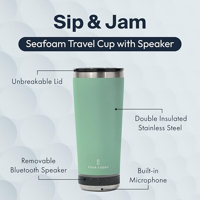 Vibe 18 oz Tumbler with Bluetooth Speaker, Insulated Stainless Steel Travel Cup with Lid, Hot & Cold Drink Beverage Container, Removable Speaker with Microphone, Rubber Base, Seafoam