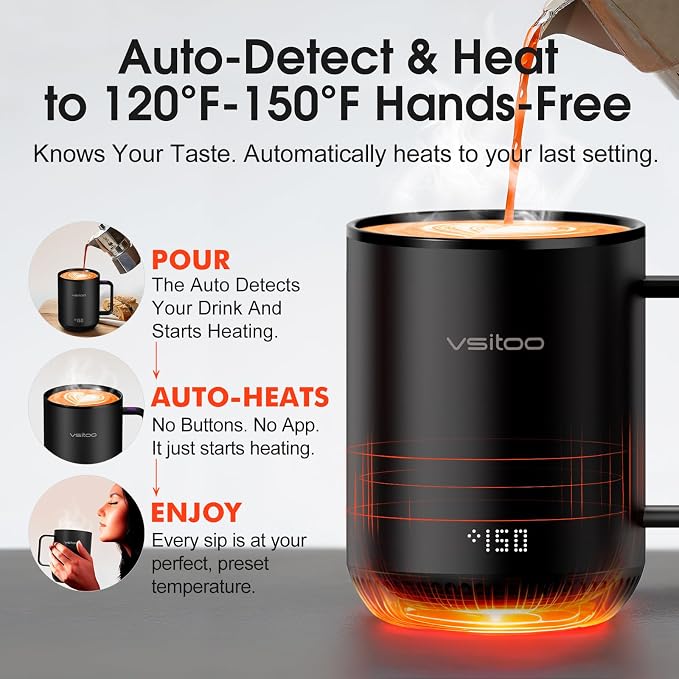 Vsitoo S3 12oz Heated Espresso Mug, Smart Self Heating Coffee Mug for Espresso Lovers, AI Auto-Sensing Temperature Control 120-150℉, Rechargeable Mug Warmer, 316 SS IPX7, Gift for Women Men, Black