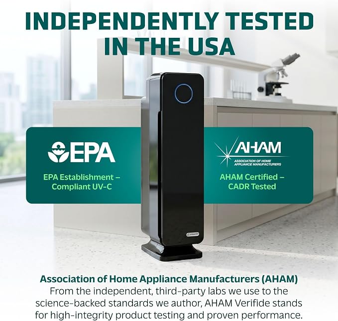 GermGuardian Air Purifier for Home with HEPA Pure Filter, for Wildfire Smoke, Pet Dander, Pollen, Odors, Large Rooms Up To 870 Sq. Ft., Removes 99.97% Pollutants, UV-C Light, 28", AC5350B, Black