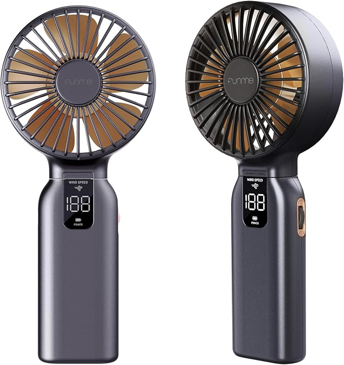 Funme Portable Handheld Fan, 10000mAh Rechargeable Personal Fan with 1-100 Speed Scroll Wheel Control, 46H Max Cooling, Boost Mode, LED Display, Metal Body, Foldable Desk Fan for Travel Outdoor, Gold