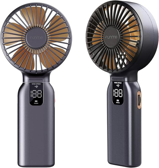Funme Portable Handheld Fan, 10000mAh Rechargeable Personal Fan with 1-100 Speed Scroll Wheel Control, 46H Max Cooling, Boost Mode, LED Display, Metal Body, Foldable Desk Fan for Travel Outdoor, Gold