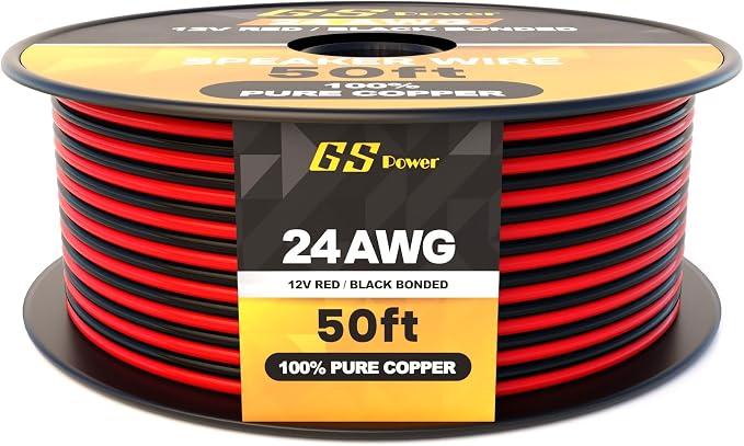 GS Power 24 Gauge Wire 50ft Oxygen Free, OFC Pure Copper Electrical 12v Low Voltage Speaker Wire Spool, 24AWG for Electric, Automotive, Trailer, Stereo, RC, Car, Home Theater, LED, Lamp Wiring