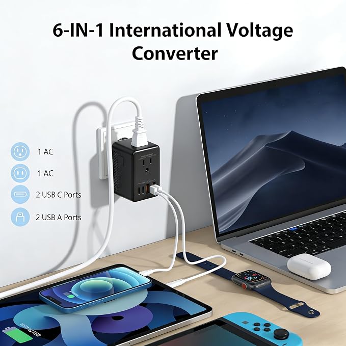 Travel Adapter Voltage Converter US to Europe Power Adapter Step Down Transformer 220V to 110V with 2 USB A 2 USB C & UK/AU/US/EU/﻿South Africa for Hair Dryer (Black)
