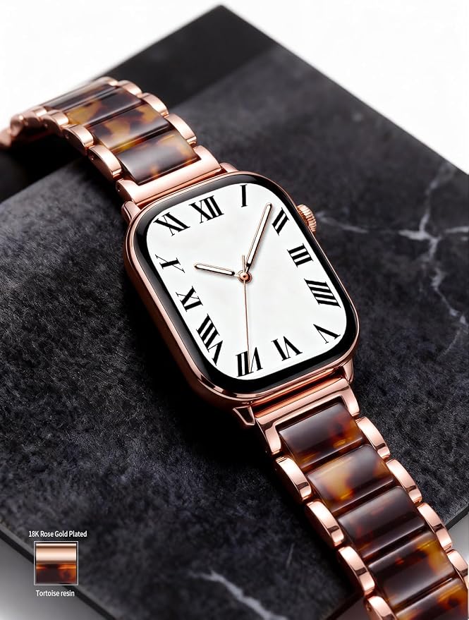 V.R.HOPE Apple Watch Band for Women 38mm 40mm 41mm 42mm Fashion Rose Gold Stainless Steel Metal Strap with Resin Inlay, Fashion Bracelet Compatible with iWatch Series 11/10/9/8/7/6/5/4/3/2/1/SE (Tortoise+Rose Gold)
